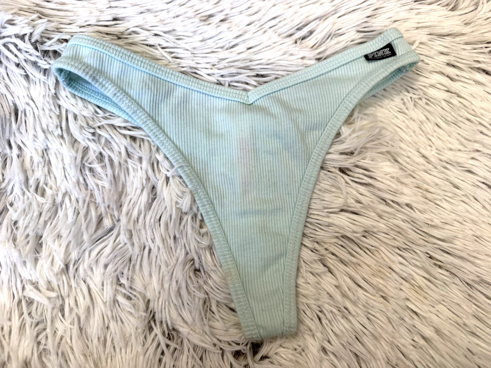 NWT VICTORIA'S SECRET PINK BLUE RIBBED KNIT LOGO STRAPS HIGH LEG THONG PANTIES